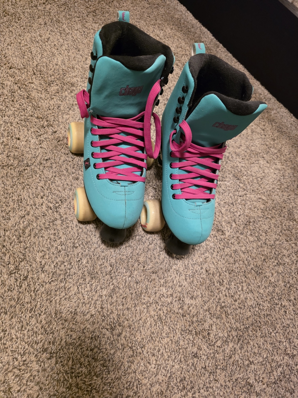 Kids Turquoise Roller Skates with Pink Laces
